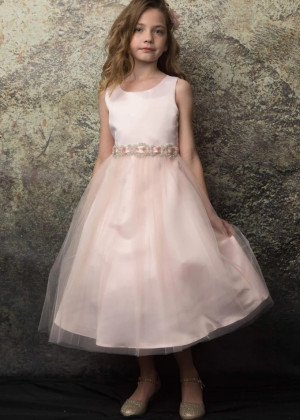 Satin Tulle Flower Girl Dress With Rhinestone Belt